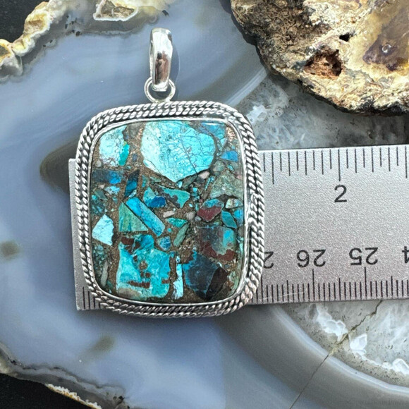 Sterling Southwestern Style Large Square Cooper Turquoise Pendant For Women - Picture 9 of 10
